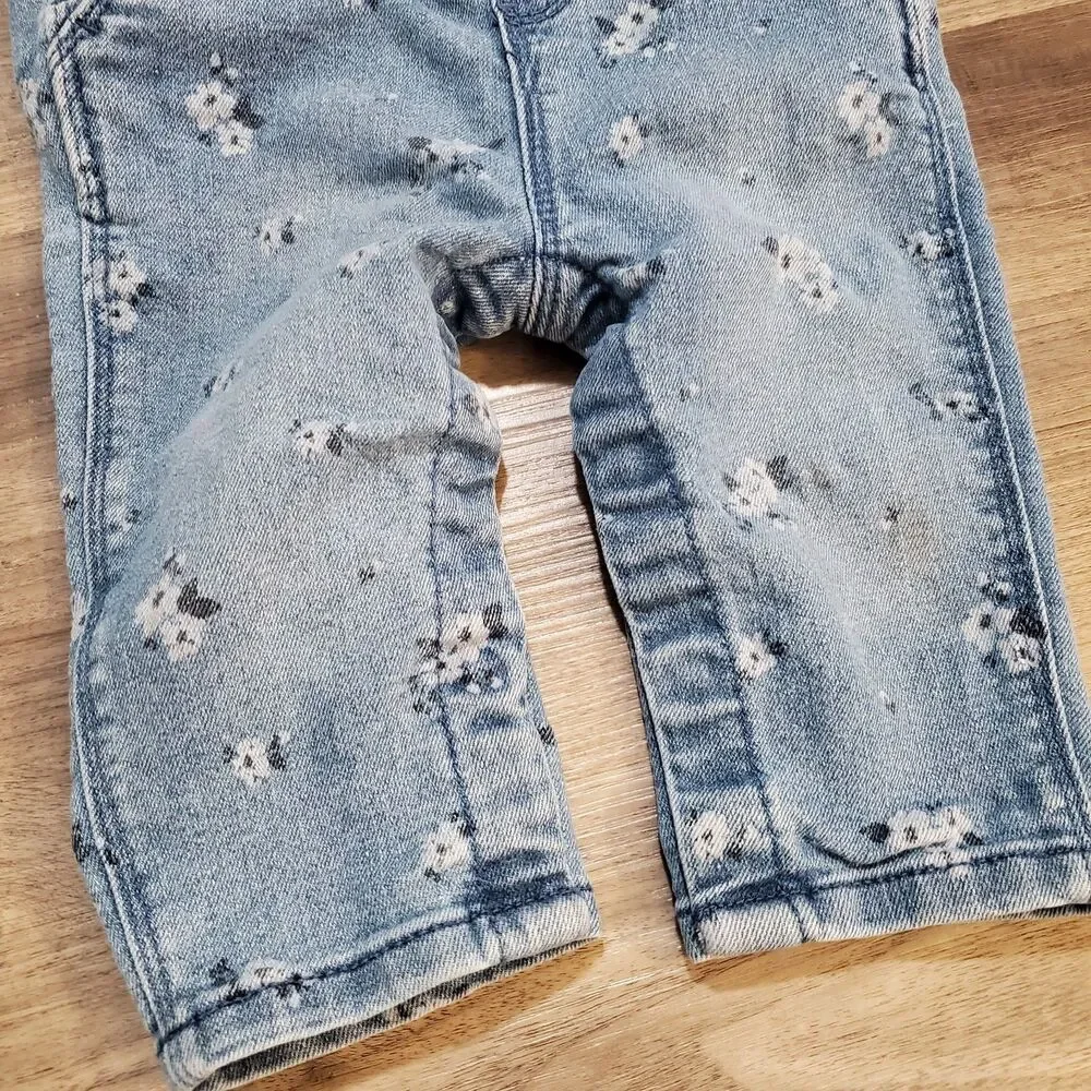 Vtg Oshkosh B'gosh Denim Floral overalls size 6 months Snap Leg Ruffel Strap